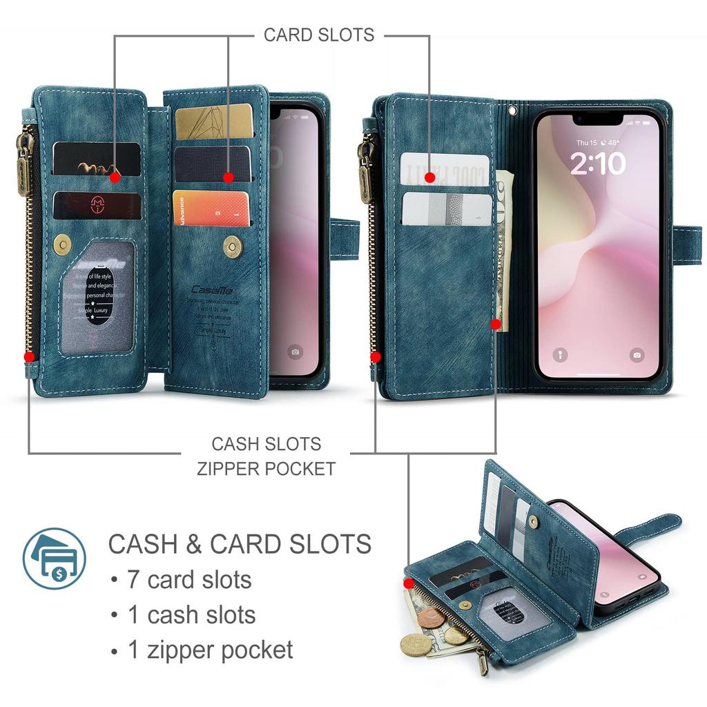 For iPhone 17e PU Leather Wallet Case Magnetic Flip Cover Zipper Card Holder Credit Card Slots Wrist Strap Kickstand Shockproof