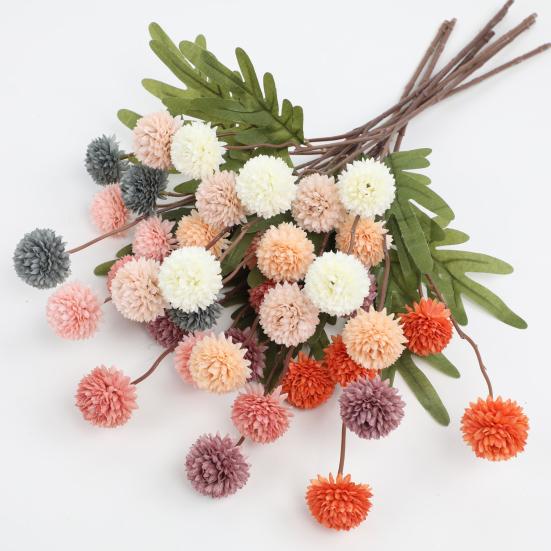 Faux Silk Pompon Mum Artificial Flowers 5 Heads Autumn Ball Chrysanthemum Stems Realistic Faux Dandelion Flowers for Wedding Home Decor