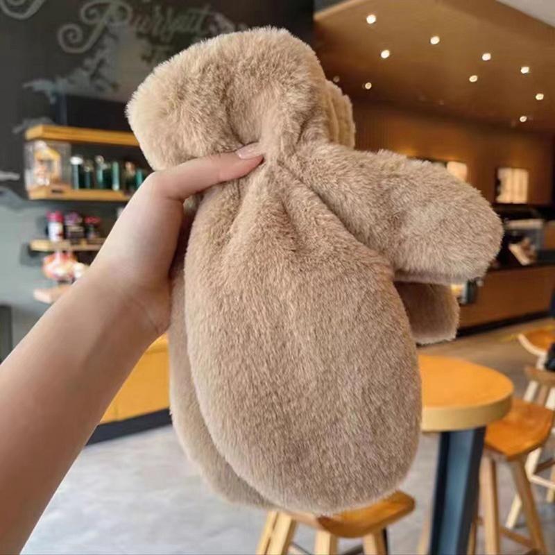 Cute Little Bear Fleece Gloves Women Winter Warm Plush Furry Full Finger Gloves Windproof Hanging Neck Mittens For Girls