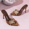 Módne Elegantné Zlaté Kovové Kvetinové Stiletto Mule Šmýkačky Dámske Značkový Dizajn Vysoké Podpätky Úzky Pás Lodičky Dámske Večerné Párty Topánky