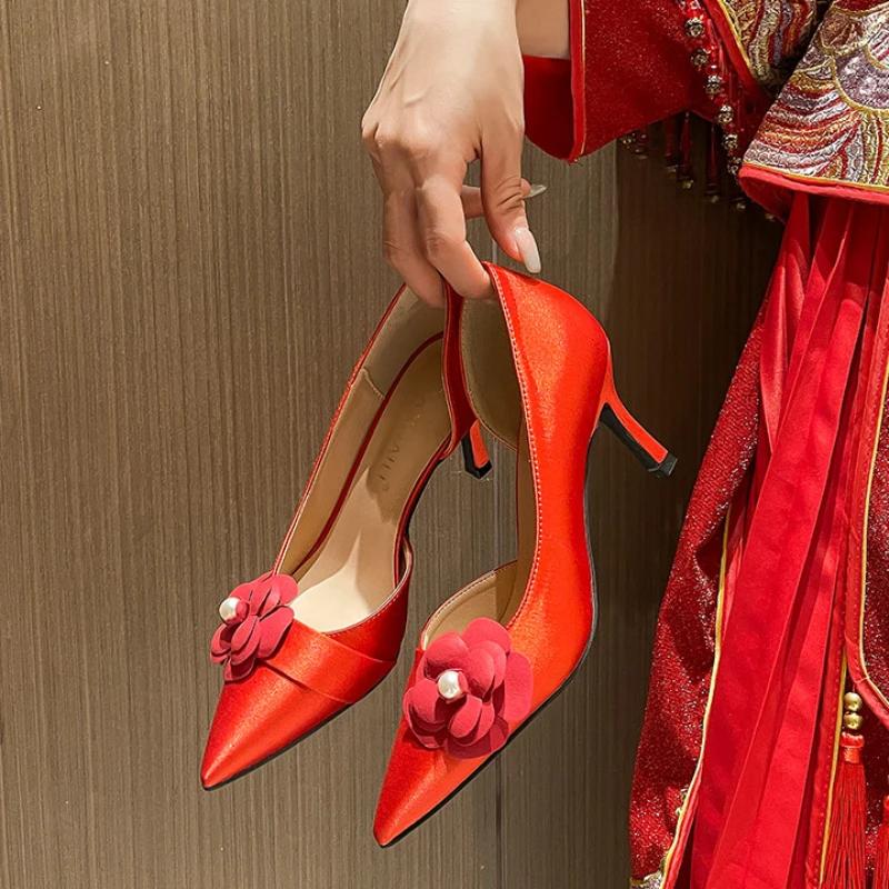 2024 Elegant Flowers Women Design High-heeled French Style High-quality Stiletto Shoes Party Wedding Shoes Red White Bride Shoes