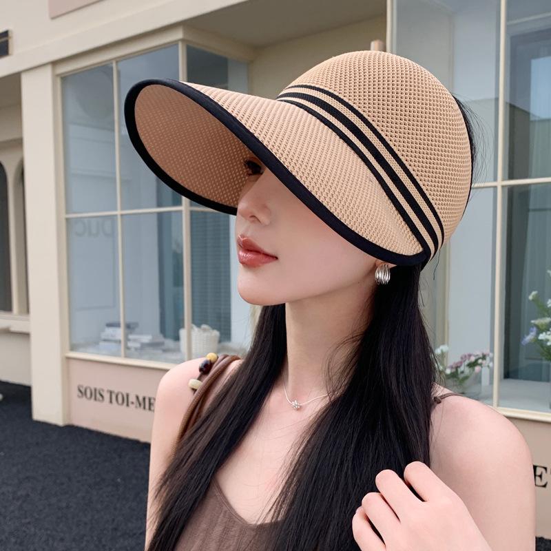 Horizontal Strip Empty Hat for Women Summer Sun Hat Foldable Large Brim Breathable Knitted Sun Hat