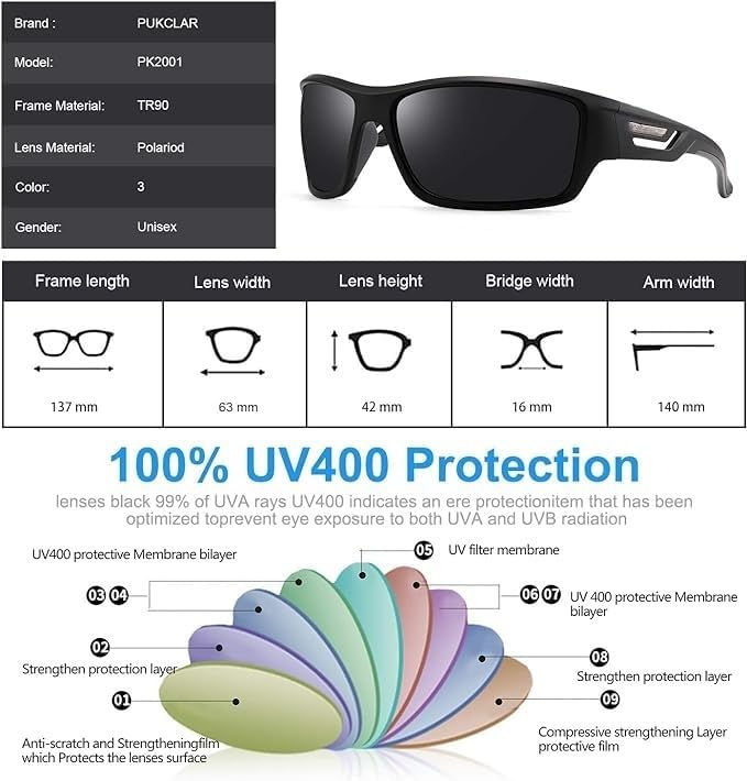 Polarized Sunglasses Sports Sunglasses Unisex for Fishing TR90 Frame UV400 Cut [PUKCLAR] Men's Driving, Cycling,