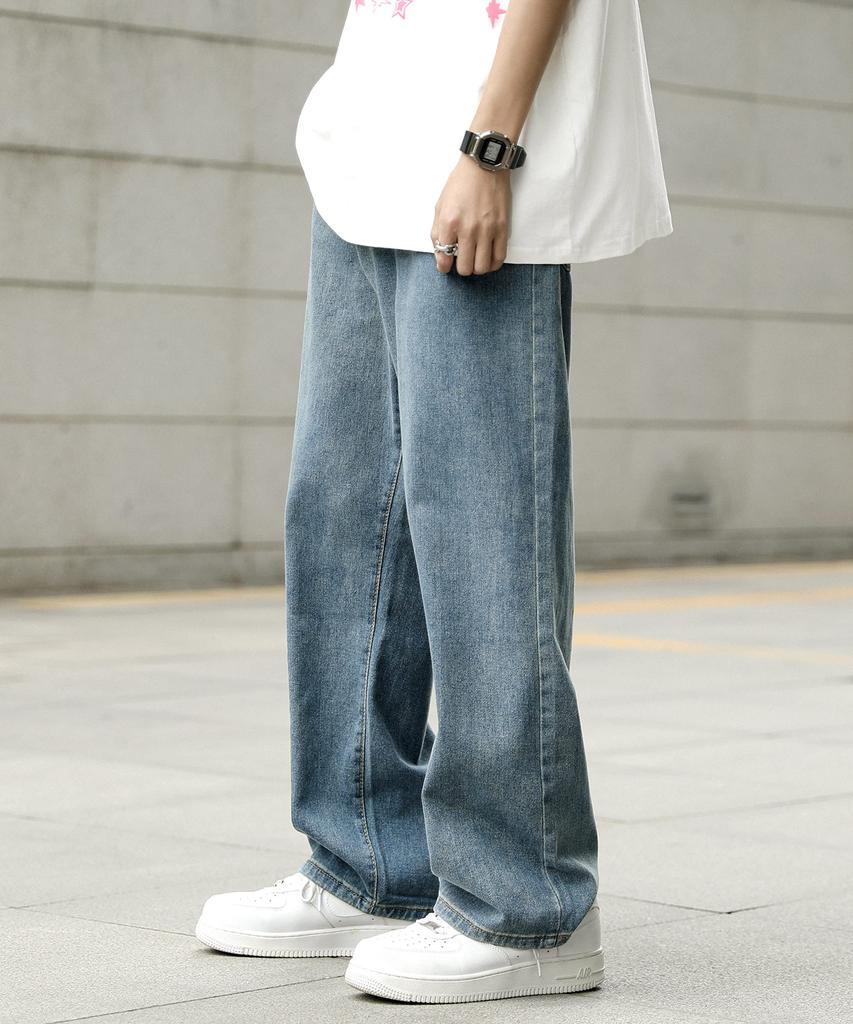 [eternal cycle] Eternal Cycle Wide Denim Jeans - Men's Denim Pants, Loose Fit, Wide Leg Jeans, Baggy Pants, Casual EC-004 (M, Navy)