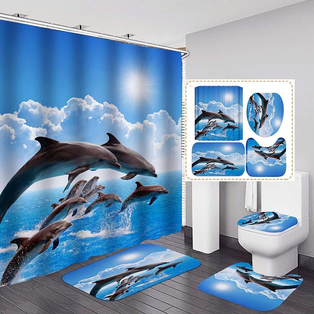 Fashion Sea World Dolphin Shower Curtain Set Bathroom Shower Curtain Set Non-Slip Bath Mat Toilet Lid Cover Polyester Waterproof