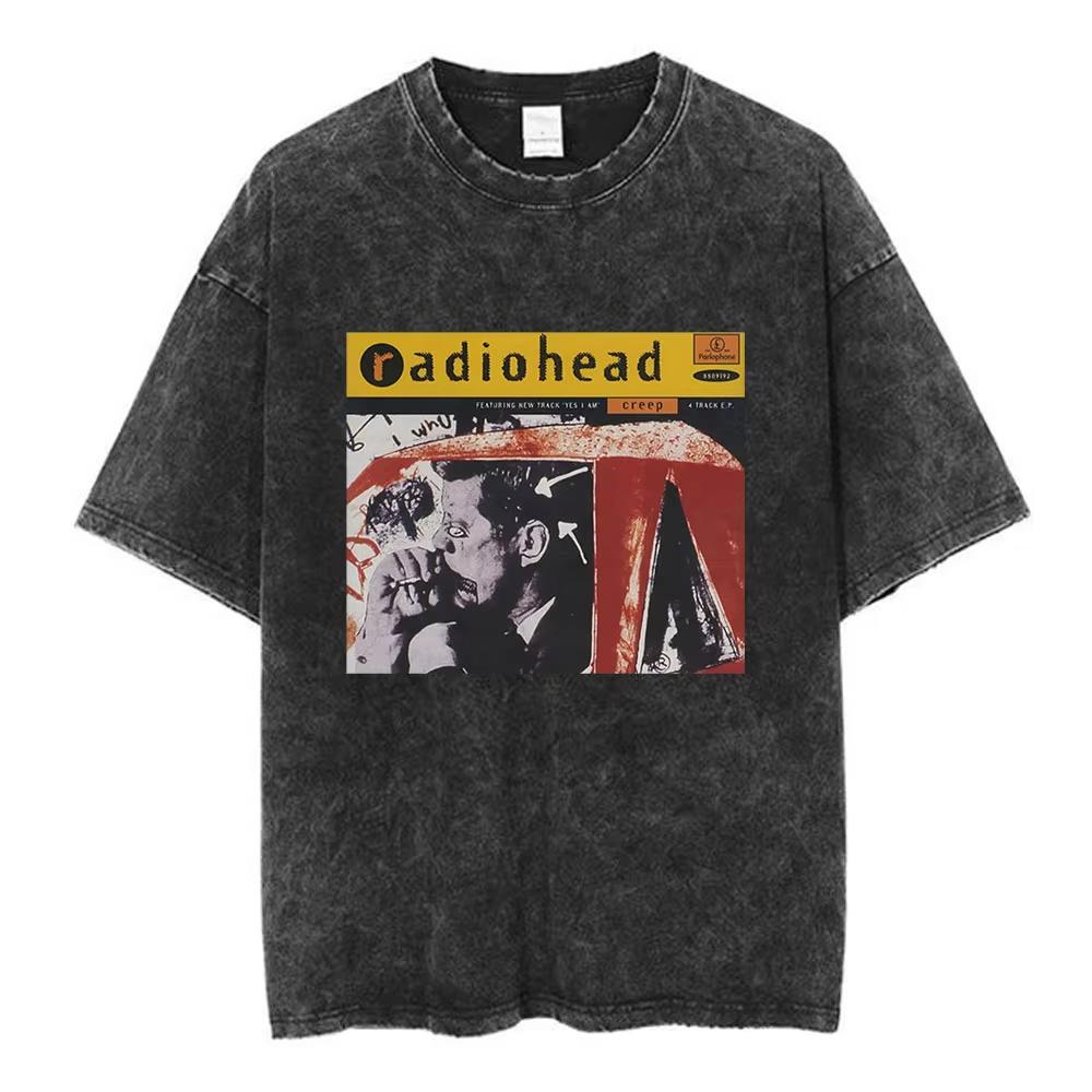 Rock Band Radiohead The Bend Funny Cat Vintage Washed Tshirts Men Women Fashion Hip Hop T Shirts Cotton Male Tshirt Streetwear
