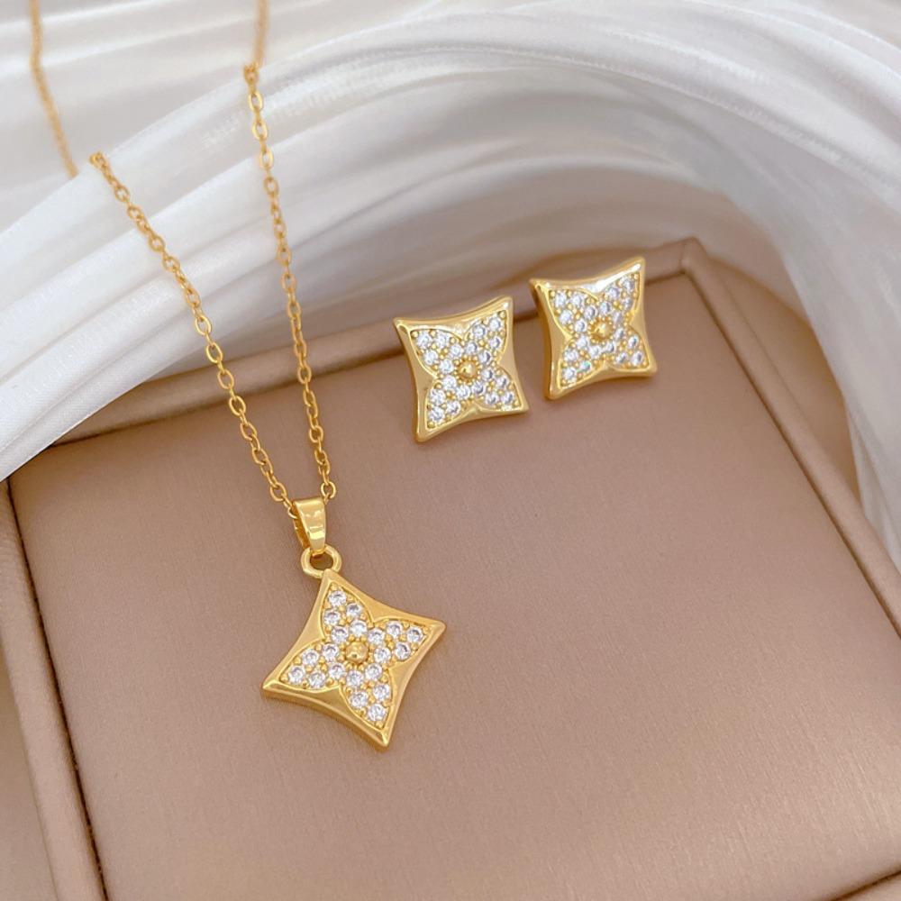 Modisches Elegantes Leichtluxuriöses Vollzirkon Exquisites Elementstil Kupfer Mikro-Inlay Ohrringe Halsketten Set