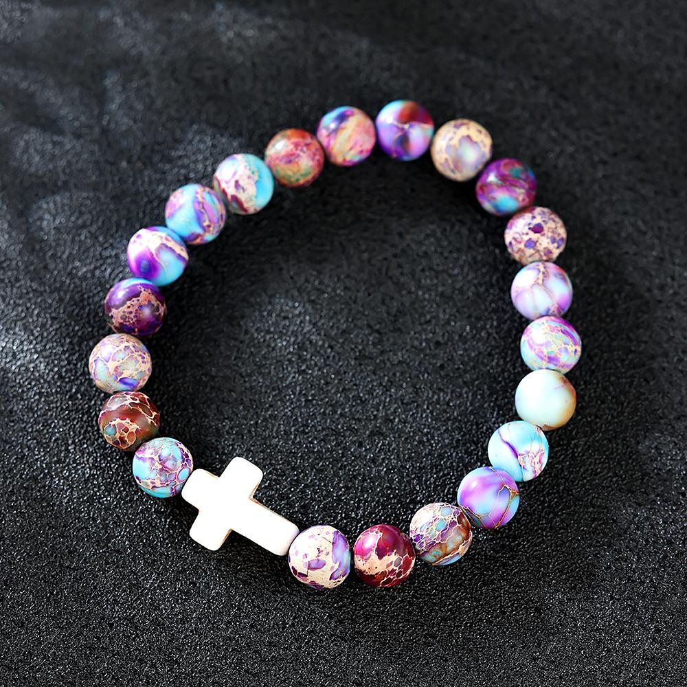 Religieuze kruisarmband voor dames heren natuursteen kralen elastische link gebedsarmband met kaart