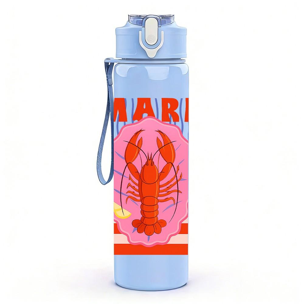 1PC Lobster Red Stripe Square Art 750ml Color Plastic Sports Water Bottle Leakproof Flip Straw Lid Suitable for Sports Office Home Use