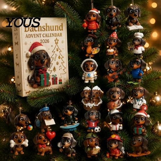 Acryl-Hängedekorationen 2026 Dackel Adventskalender mit 24 einzigartigen 2D-Ornamenten, festliche dekorative Schreibtischornamente Countdown-Box für Weihnachten