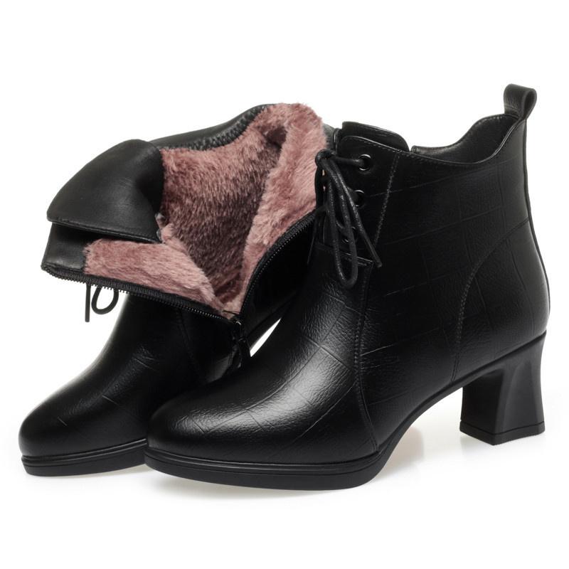 Fashion Elegant Comfort Soft Leather Thick Heel Ankle Boots Women Lace Up Pointed Toe Autumn Winter Warm Party Casual Platform Boots