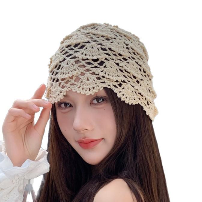 Women's Spring and Summer Thin Shell Pattern Handmade Hollow Knitted Slouchy Pull-On Hat