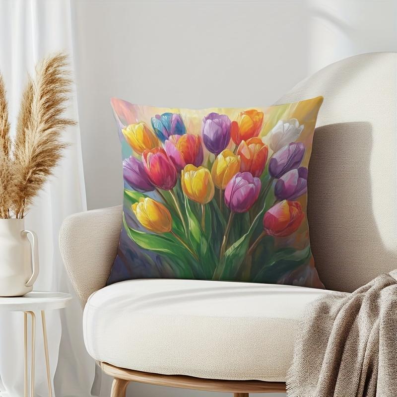 1 Stück bunte Tulpen-Ölgemälde-Stil Kissenbezug, Geeignet für Sofa, Schlafzimmer, Wohnzimmer, Schafft leicht eine Frühlingsatmosphäre