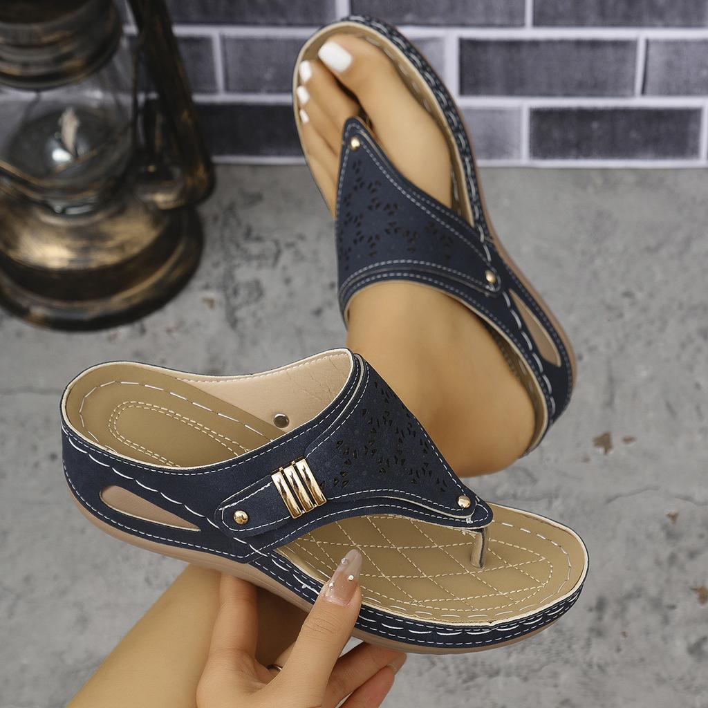 Dames Cutout Teenslippers, Wedge Slippers met Gestikte Details, Retro Platform Outdoor Slides voor Dames