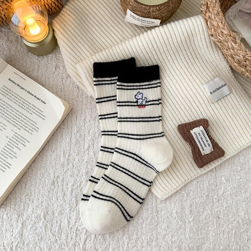 Socks Women Thickened Striped Embroidery Versatile College Stacks Socks Socks Winter