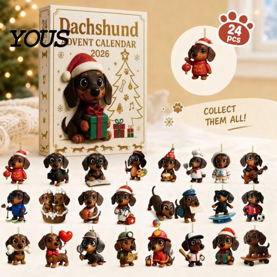 Acryl-Hängedekorationen 2026 Dackel Adventskalender mit 24 einzigartigen 2D-Ornamenten, festliche dekorative Schreibtischornamente Countdown-Box für Weihnachten