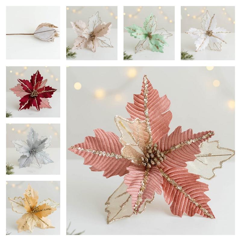 Premium Fabric Christmas Tree Decoration 25cm Garland With Mesh Plush And Shimmering Imitation Flowers
