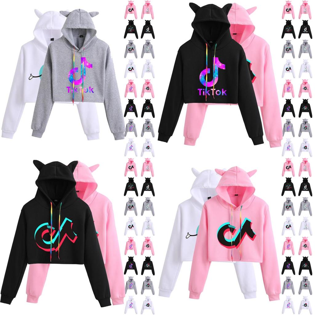 Women Tok Tik Short Pullover Hoodie Spring Autumn Sweatshirt Jumper Tops Crop