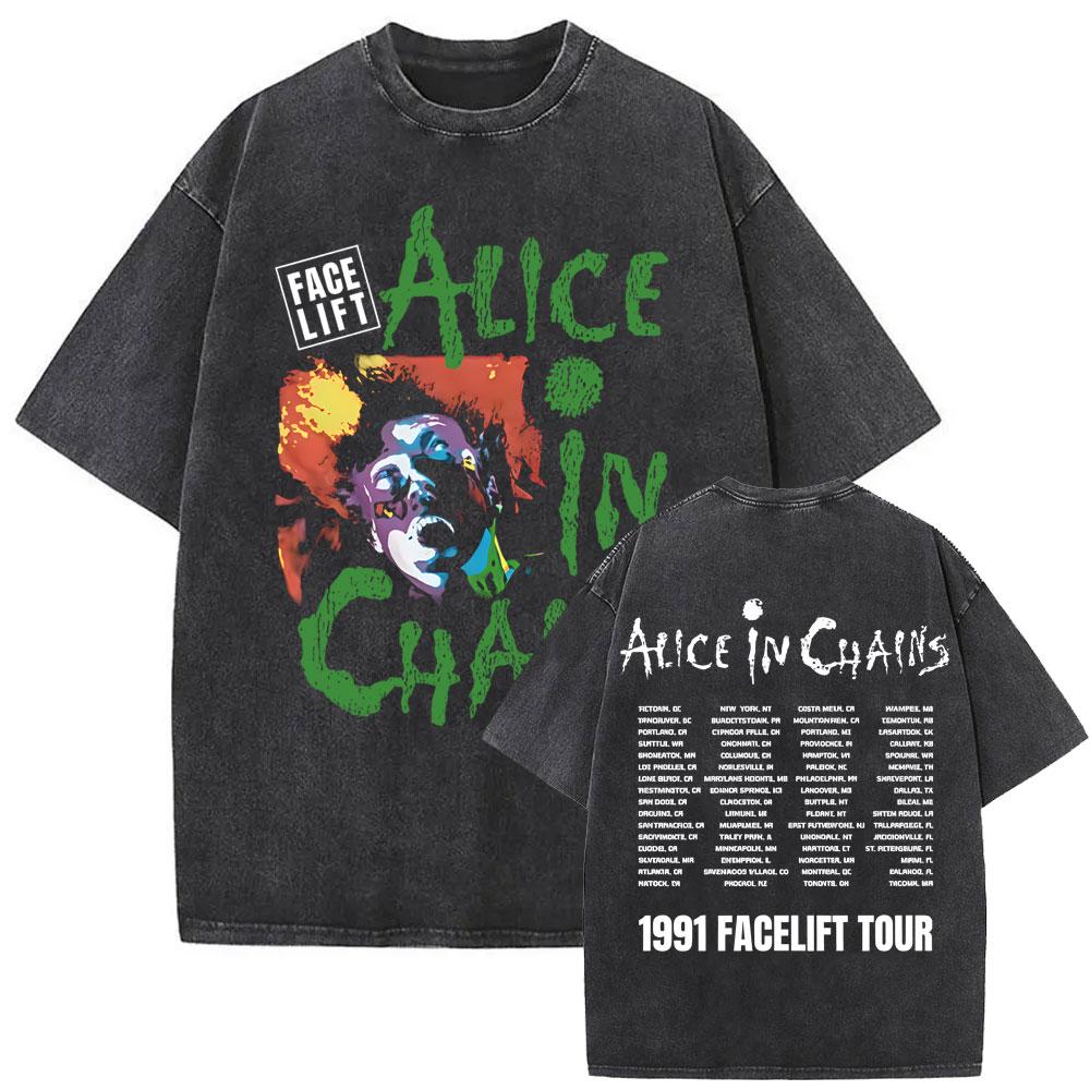 Washed Vintage Rock Band Alice In Chains Face Lift Tour 1991 T-shirt Men Women Punk Casual Oversized Short Sleeve T Shirts Tops