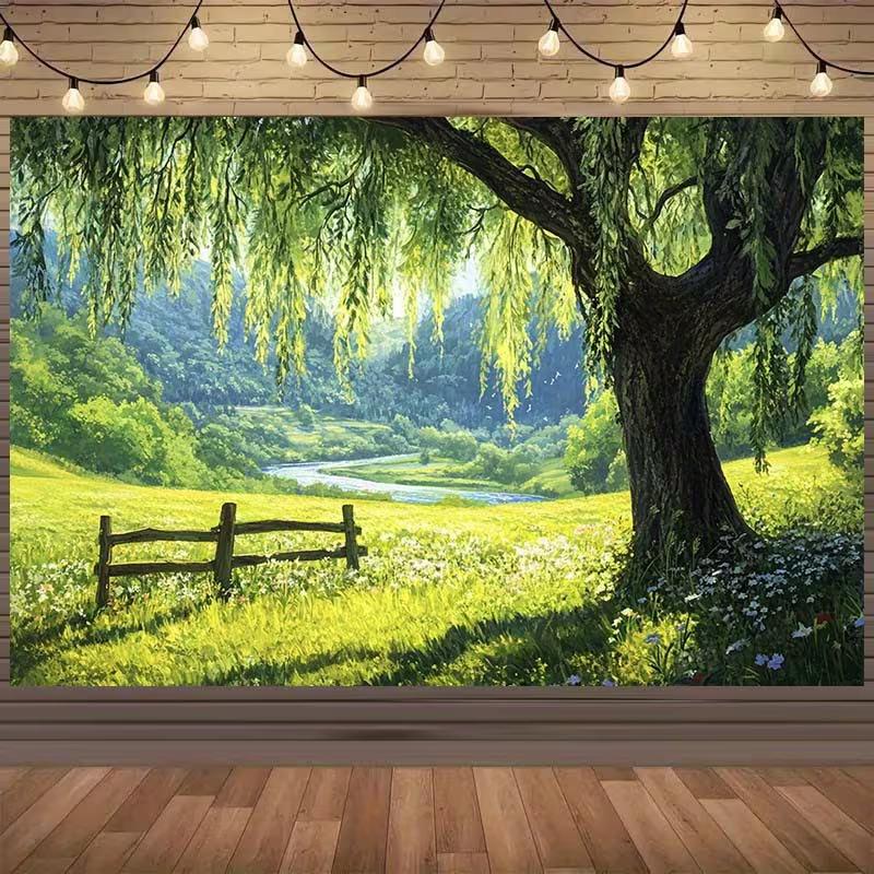 2D Party Backdrop Idyllic Countryside Tapestry, Willow Tree Over Wildflower Meadow