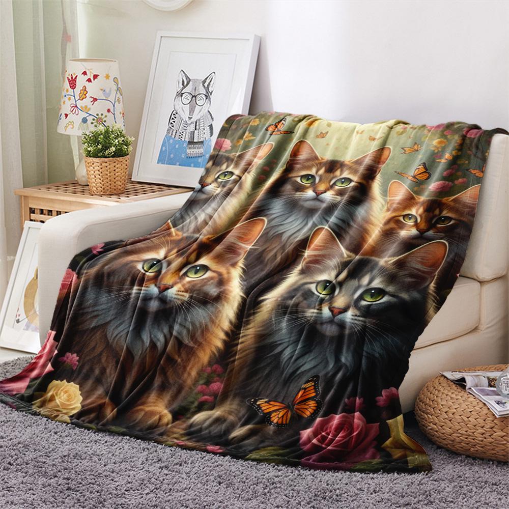 1PC Cat Print Flannel Blanket, High Quality Comfortable for All Seasons, Home Decor, Warmth and Comfort