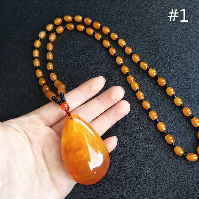 Vintage Bohemian Ethnic Style Beeswax Amber Pendant Beaded Women's Sweater Chain Necklace