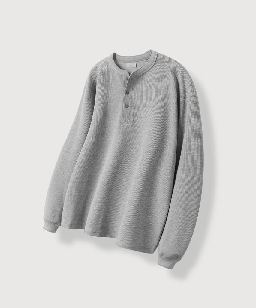 MOOD INSIDE Stitch Lining Waffle Henley Neck Long Sleeve_Gray