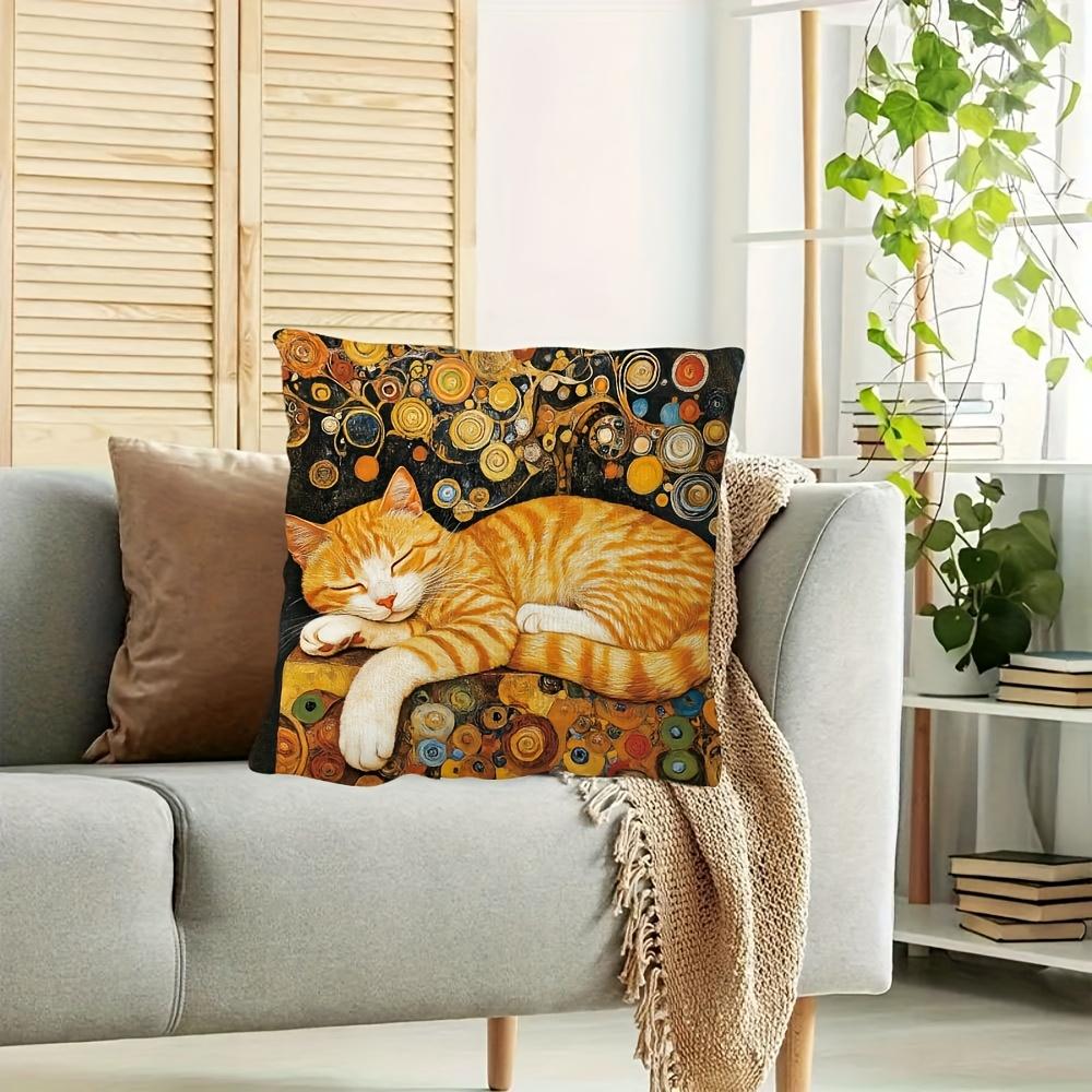 2D Plat - Vintage Art Nouveau Slapende Gemberkat Sierkussenhoes Luxe Gustav Klimt Stijl Decoratieve Kussensloop