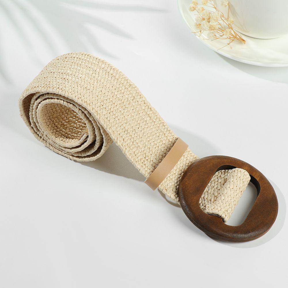 Casual Bohemian Braided Elastic Wooden Buckle Waistbelt Straw Belt