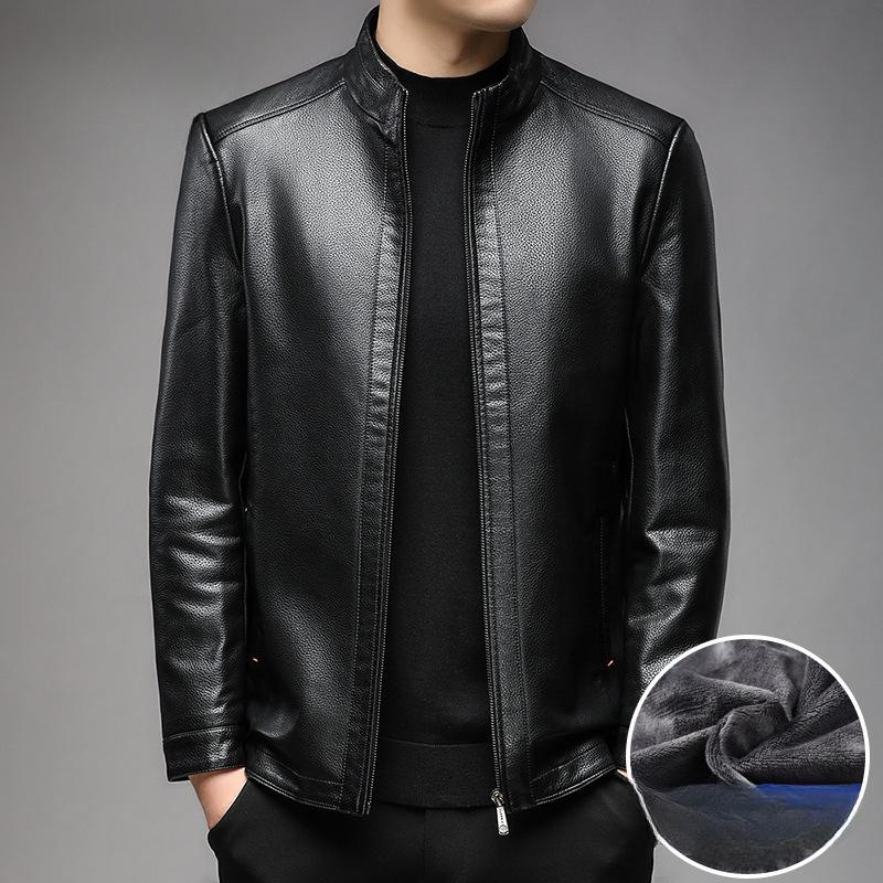Spring and Autumn Middle-aged Men's Leather Jacket Short Stand-up Collar Pu Leather Velvet Dad Leather Jacket