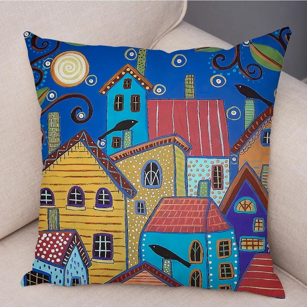 Retro Rural Color Cities Cushion Cover For Sofa Home Car Decor Colorful Cartoon House Pillow Case Tree Short Plush Pillowcase