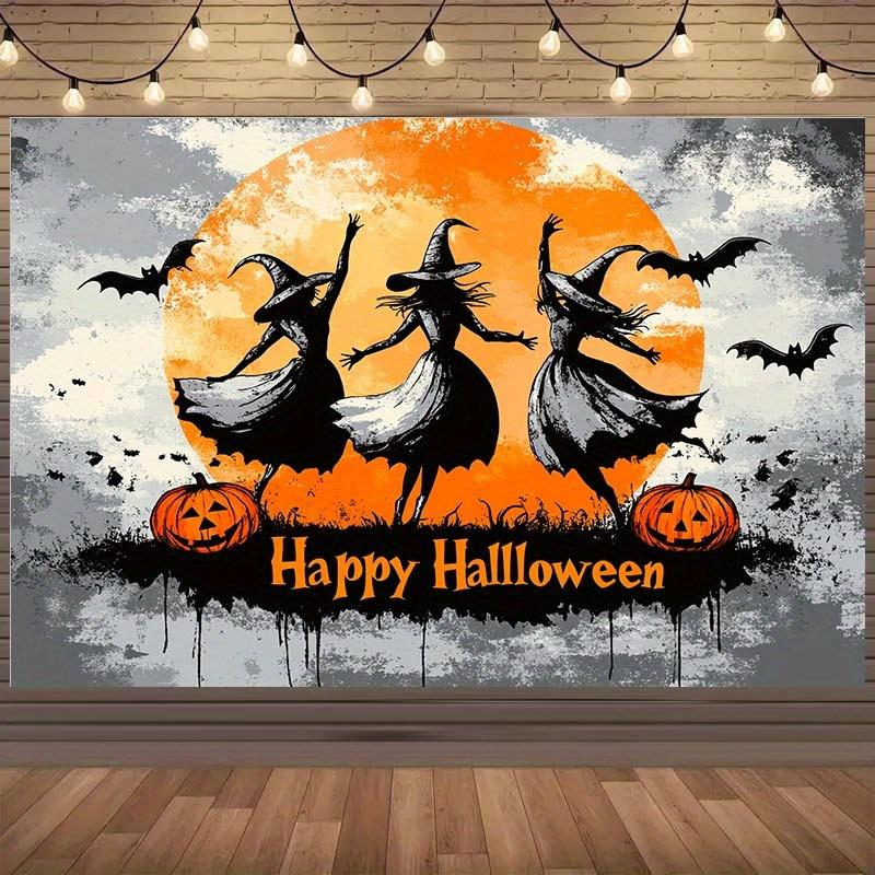 1 piece of Halloween background cloth  including 3 witches  full moon  bats  and pumpkin Halloween decorations  easy to install