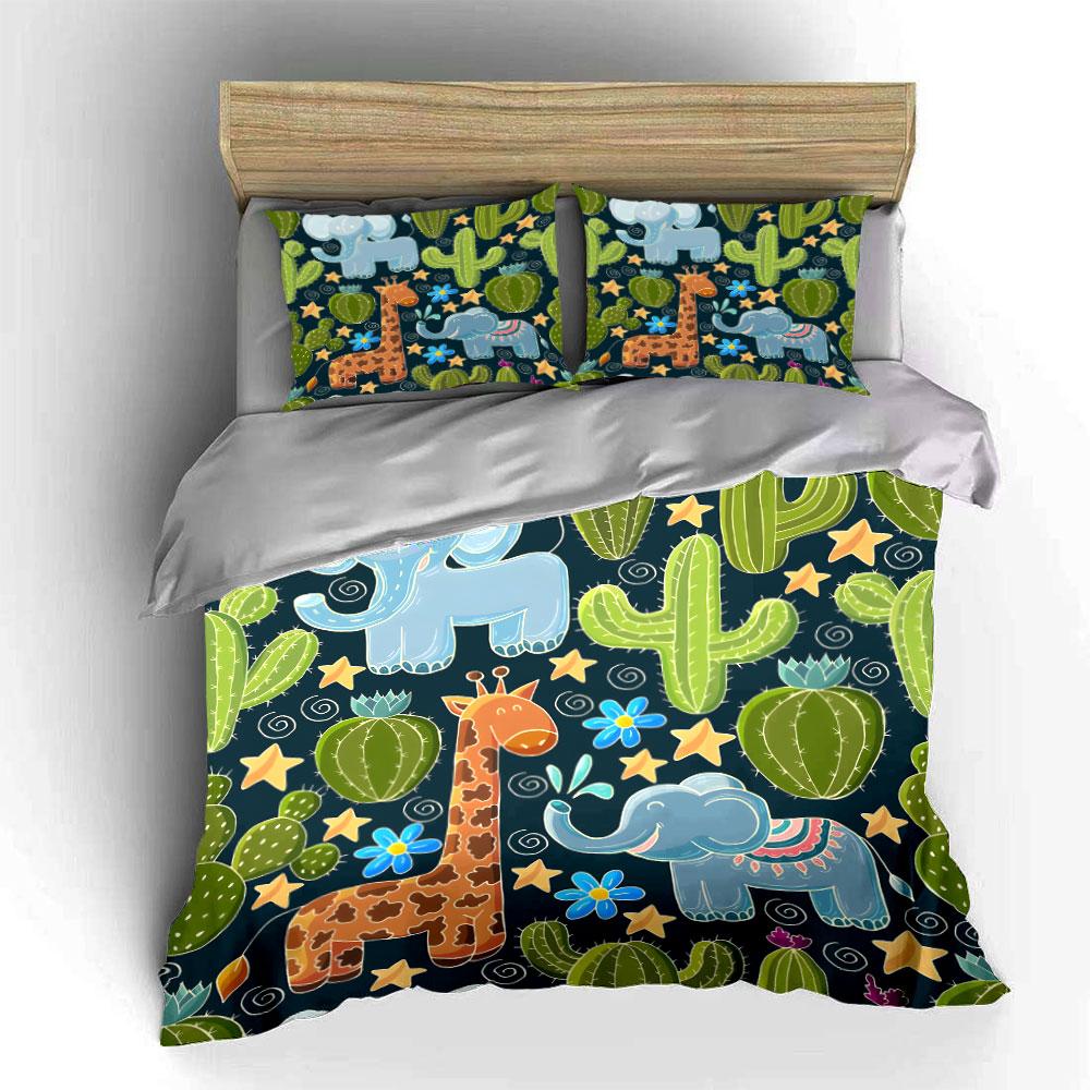 Cartoon Safari Animals & Cactus Bedding Duvet Cover Set  (1*Duvet Cover 2*Pillowcases, Without Duvet Insert)
