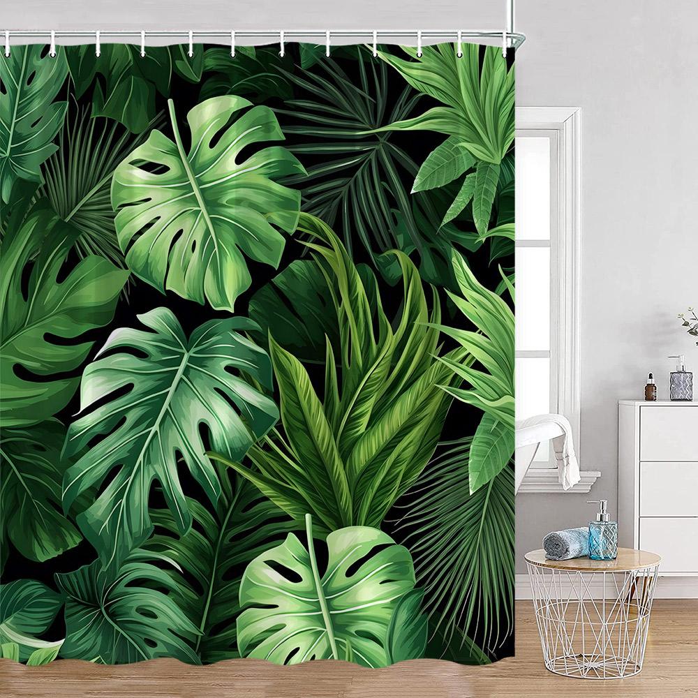 Tropical Leaves Shower Curtain Green Leaf Monstera Palm Flowers Floral Bathroom Curtains Greenery Bath Decoration with Hooks
