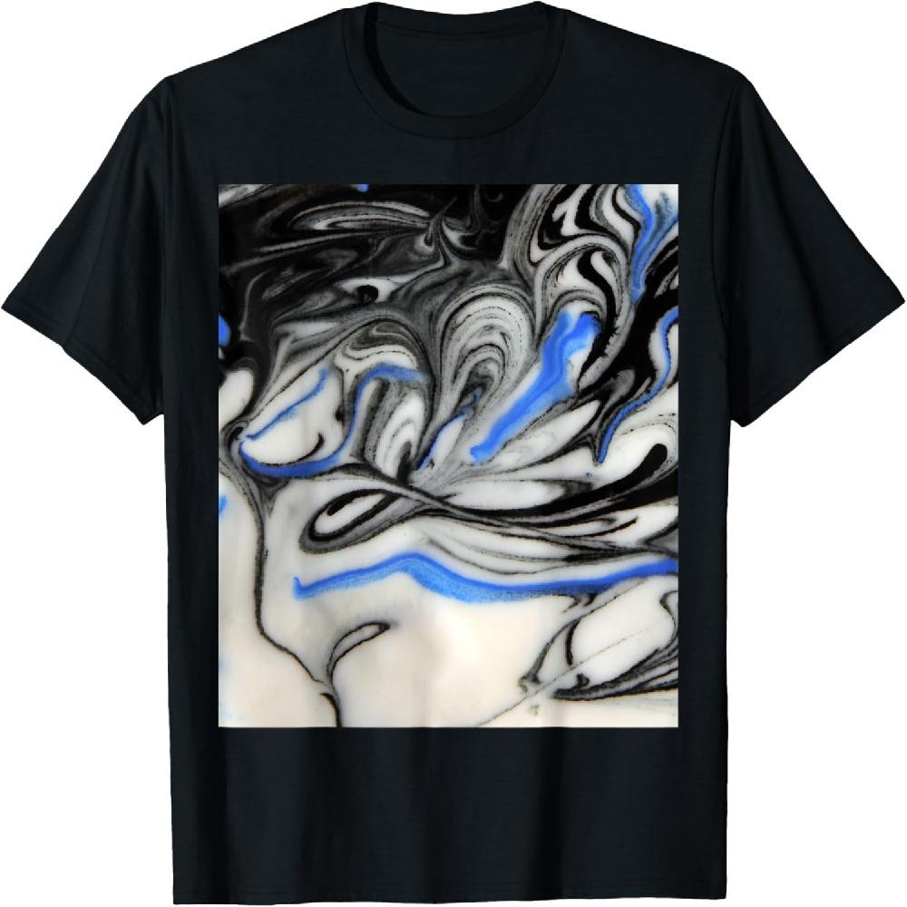 Black Blue & White Liquid Swirl Marble Spiral Marble Design T-Shirt