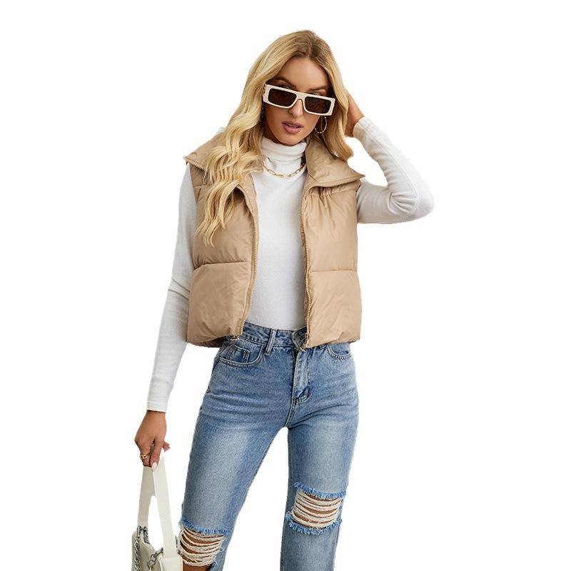 Autumn and Winter Fashion Short Solid Color Down Cotton Women's Waistcoat Slim High Neck Loose Cotton-padded Vest for Women