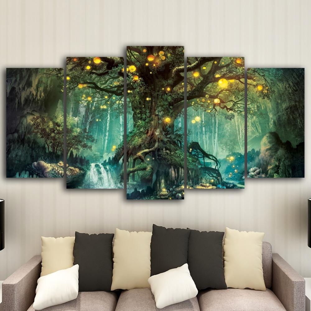 Peintures Toile Art Mural 5 Pièces Paysage d'Arbre Enchanté HD Imprimé Images Modulaires Vintage Pour Salon Décoration de Maison