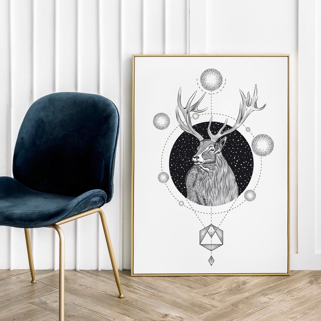 Plakat czarnobiały jeleń geometria