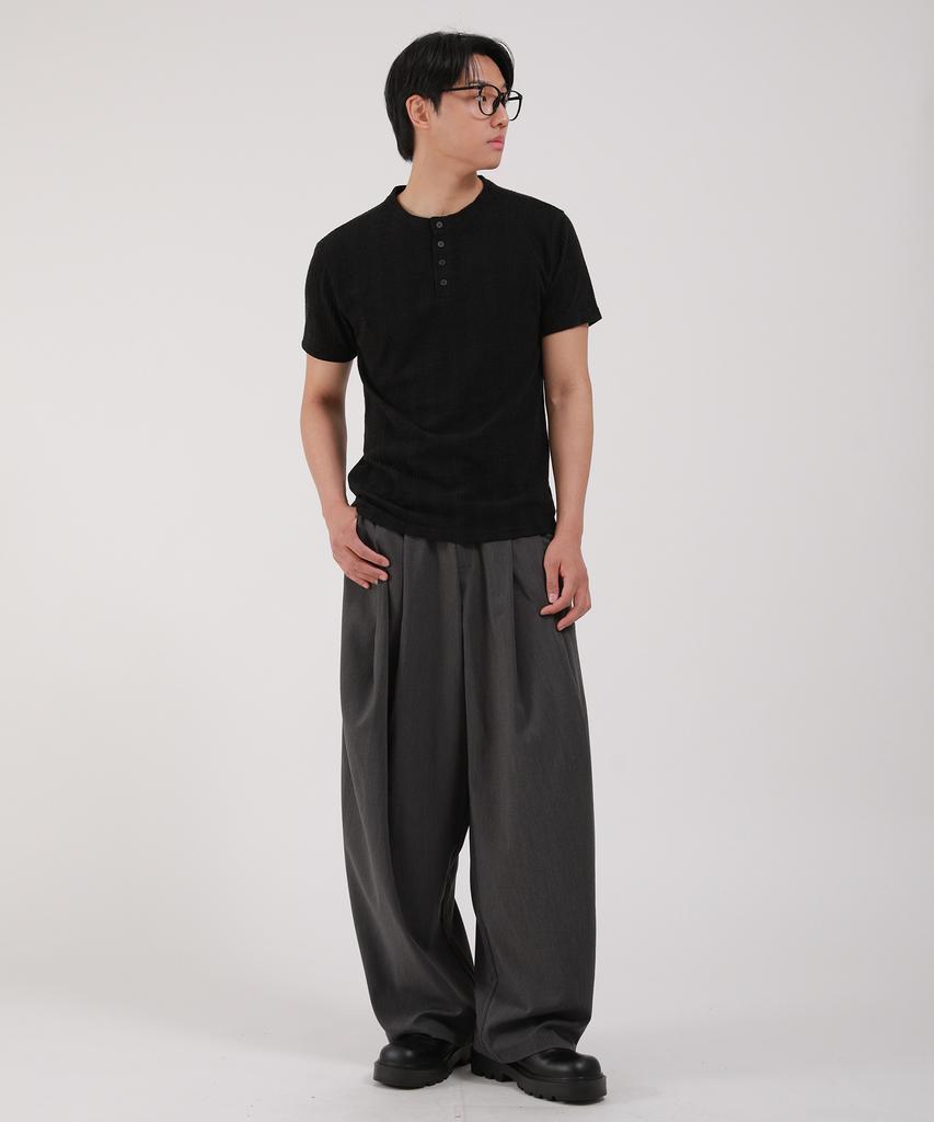 Dibellobeu Ribbed Henley Neck Short Sleeve T-Shirt_Black