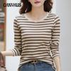 Spring and Autumn Women's Blouse Round Neck Fashion Stripe Slim Long Sleeve Top