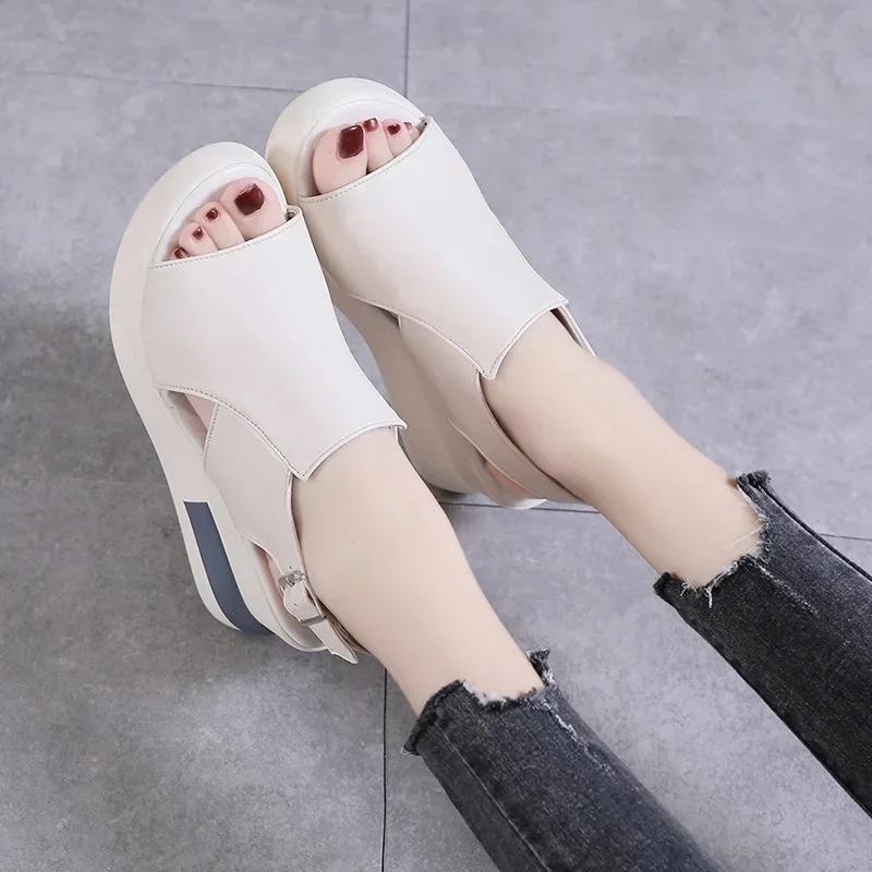 New Women's Platform Wedge Sandals New Summer High-heeled Fish Mouth Women's Shoes Soft Leather Heightened Platform Shoes