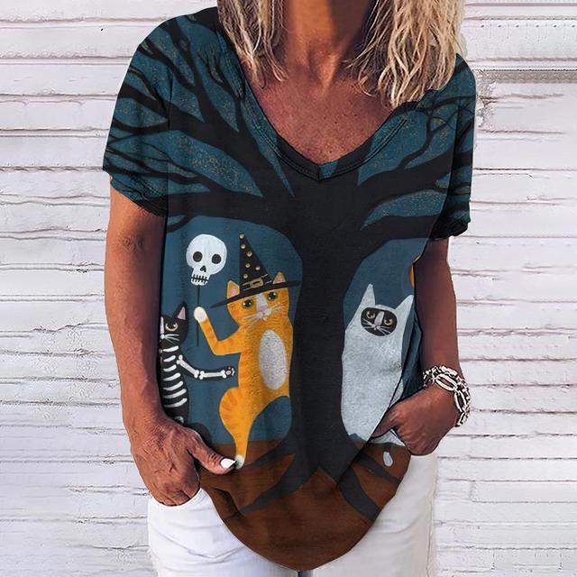 Μπλουζάκι Γυναικείο 3d Fashion Cat Print V λαιμόκοψη κοντό μανίκι Βασικά μπλουζάκια Streetwear Καλοκαιρινό casual υπερμεγέθη γυναικεία ρούχα 5XL
