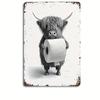 1 Whimsical Highland Cow with Toilet Paper Metal Tin Sign 12x8 Inch - Charming Bathroom Wall Art - Quirky Farmhouse Decor