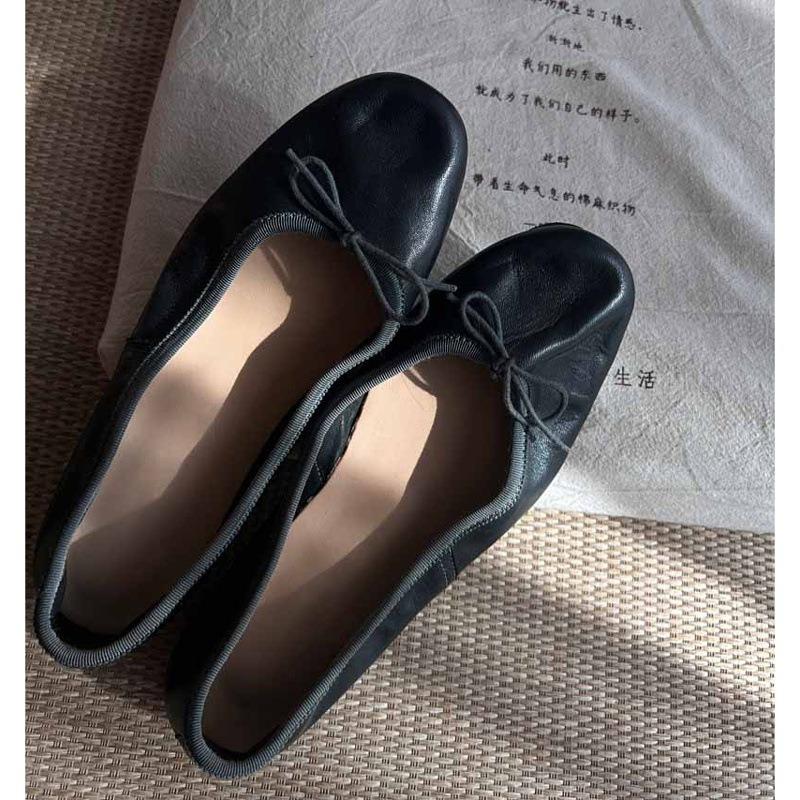 Sheepskin Version with Skirt, Ballet Shoes, Round Head Bow, Genuine Leather Shoes, Retro Shallow Mouth Flat-soled Single Shoes for Women