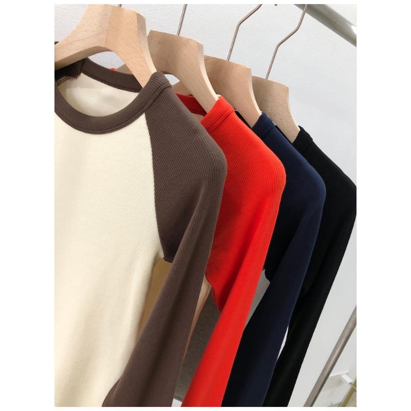 Women's Cotton High-stretch Thread Autumn and Winter Vintage Contrast Raglan High Waist Long-sleeved Top
