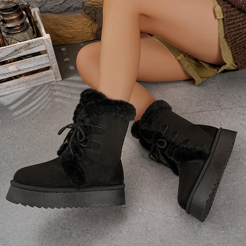 Women'S Mid-Calf Snow Boots with Thick TPR Sole - Brown Faux Fur Lined, Lace-Up Winter Boots for Cold Weather, Round Toe Design, Durable & Comfortable