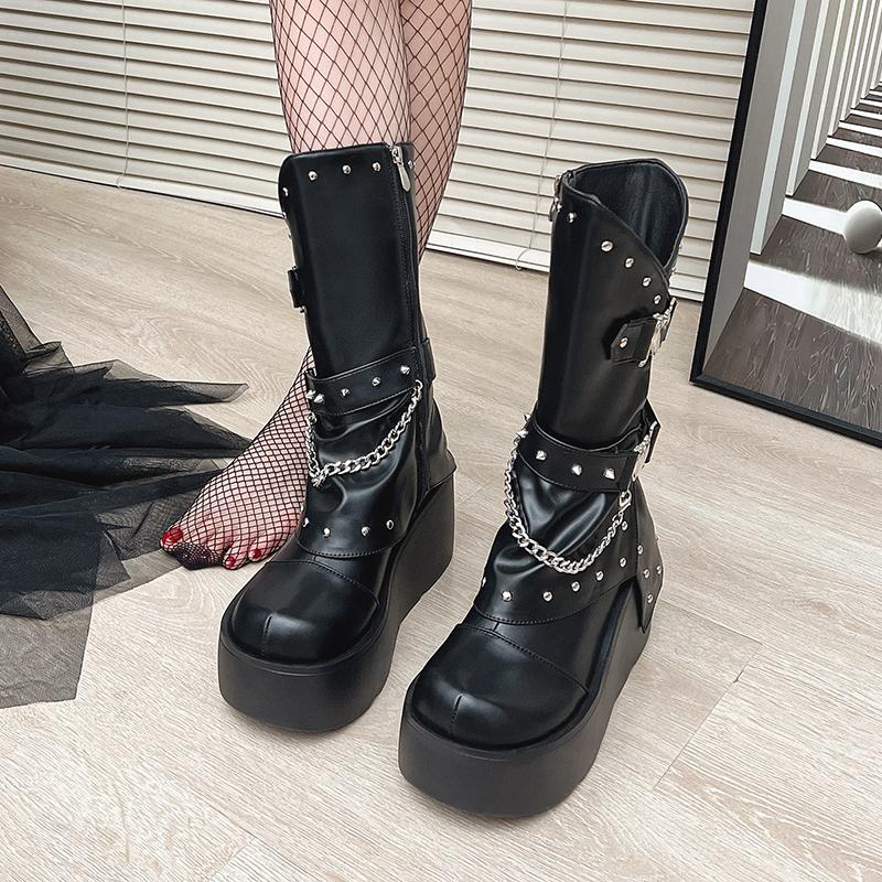 Fashion Designer Rivet Women Trouser Legs High Wedges Boots Fashion Punk Style Shoes Autumn Winter Thick Heel Ladies Knight Long Booties