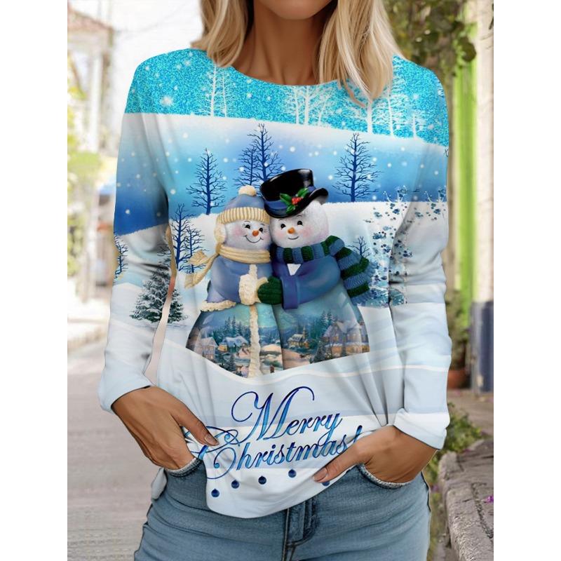 Ladie Christmas Reindeer Print Long Sleeve T-Shirt Christmas Cartoon Pattern Sports Casual Cute Polyester Round Neck Long Sleeve