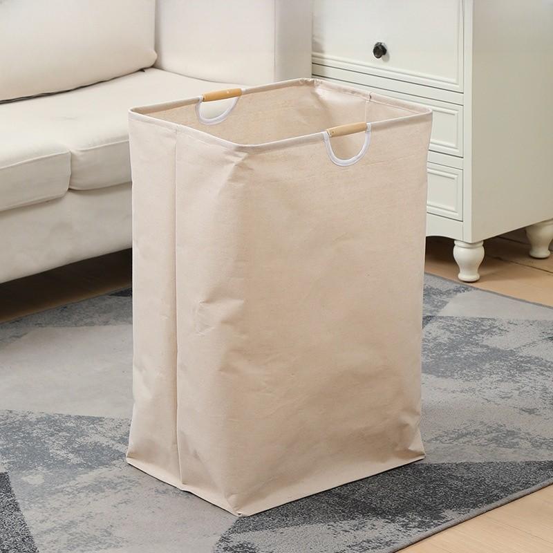 Cotton Linen Collapsible Laundry Basket With Wooden Handles For Home Organization And Storage