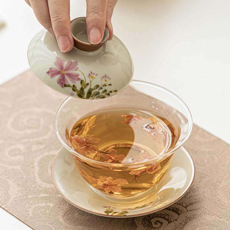 Hand-painted Daisy Gaiwan Sancai Glass Tea Tureen Ceramic Covered Bowl Chinese Kung Fu Tea Set Household Teaware Teacup with Lid